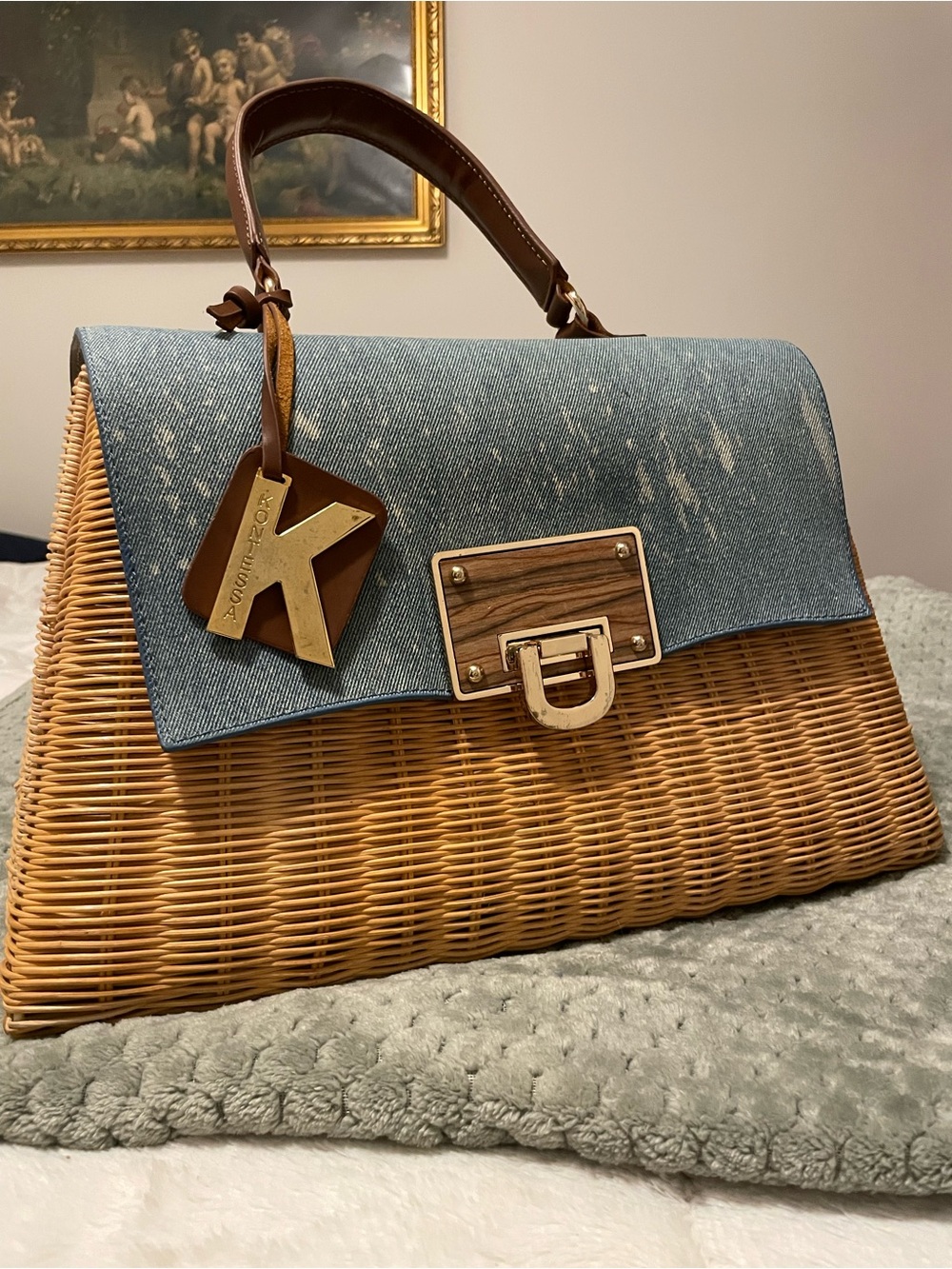 Kontessa Denim & Rattan Top-Handle Basket Satchel in Blue and Tan